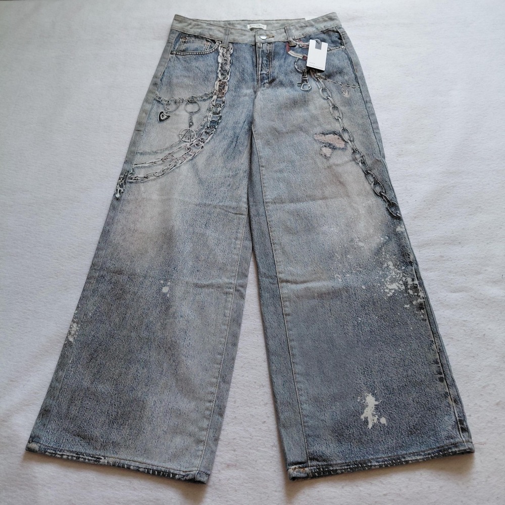 Fire Rain Women Baggy Jeans Size 9 Acid Wash Denim Low Rise Chain Y2K Street NWT
